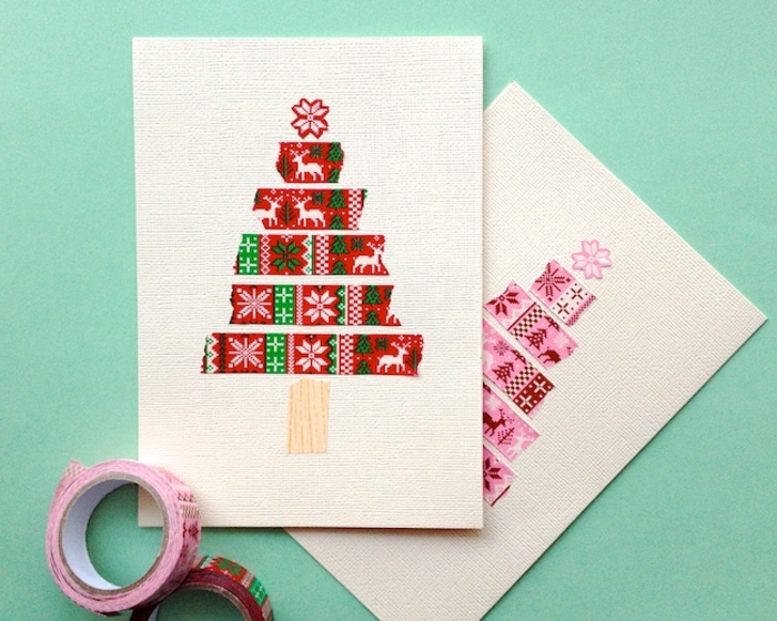 como hacer postales navideñas de cintas adhesivas con motivos navideños, árboles de navidad DIY