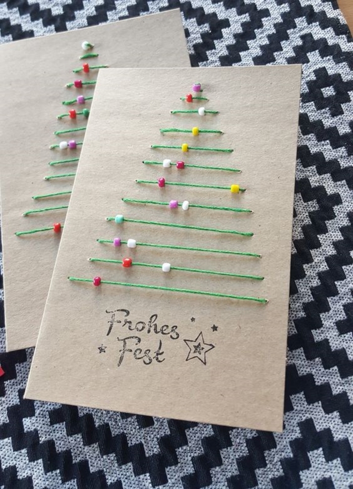 como hacer tarjetas de navidad con hilo, diseños de tarjetas DIY para regalar en navidad 