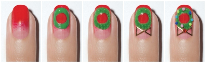 pasos para hacer diseños de uñas faciles para Navidad, uñas rojas con detalles navideños en verde 