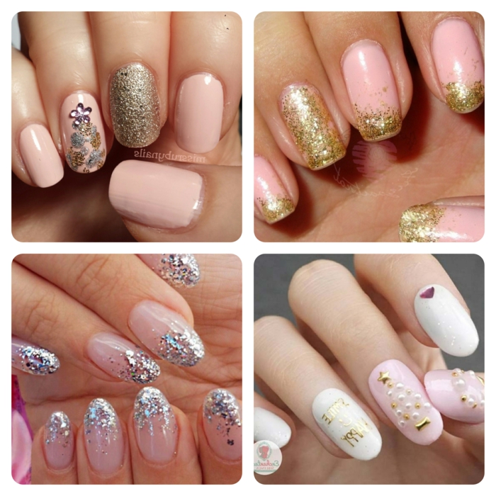 ideas de diseños de uñas decoradas en plateado y rosado, pequeños detalles para tu manicura