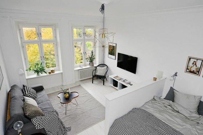 grande espacio decorado en blanco, decorar piso pequeño según las últimas tendencias, decoración en blanco y gris