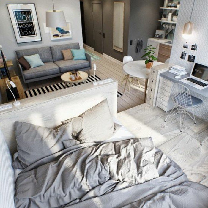 ejemplos como decorar un piso pequeño en gris y beige, espacio moderno de diseño abierto 
