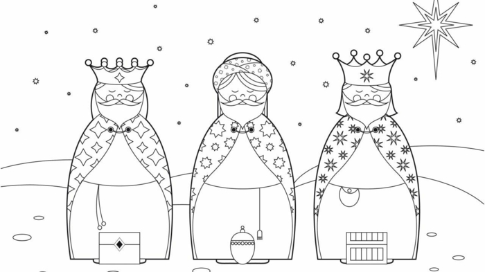 dibujos de los reyes magos, diseños adorables de páginas para colorear navideñas para imprimir 