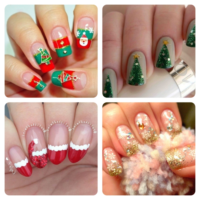 diseños de uñas de navidad originales y bonitos, cuatro propuestas con decoraciones en rojo, verde y dorado 