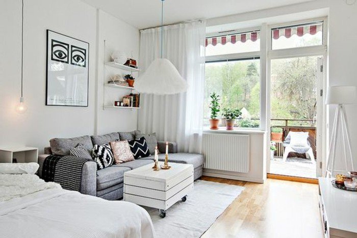 ideas para decorar pisos pequeños en estilo escandinavo, decoración en blanco y gris 