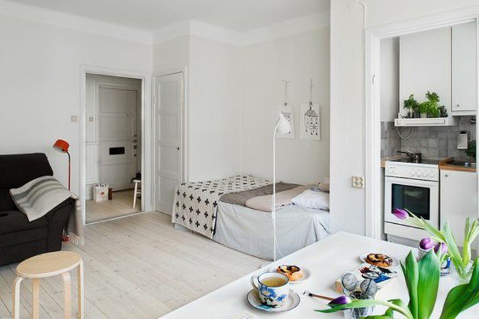 ideas sobre cómo decoracion pisos pequeños ikea, salón abierto a la cocina, pequeña cama 