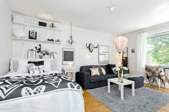 espacio de diseño abierto decorado en estilo escandinavo, decoracion pisos pequeños ikea 