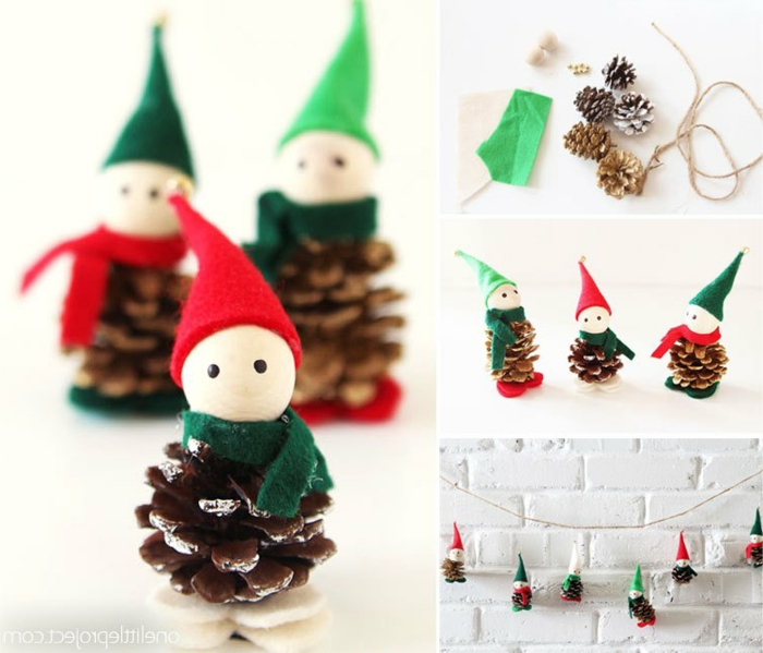 ideas de adornos navideños reciclados de materiales naturales, muñequitos navideños hechos de piñas 