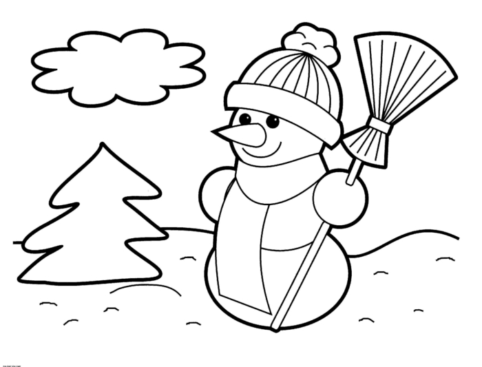 propuestas de dibujos navideños para los niños más pequeños, paisaje invernal con muñeco de nieve 