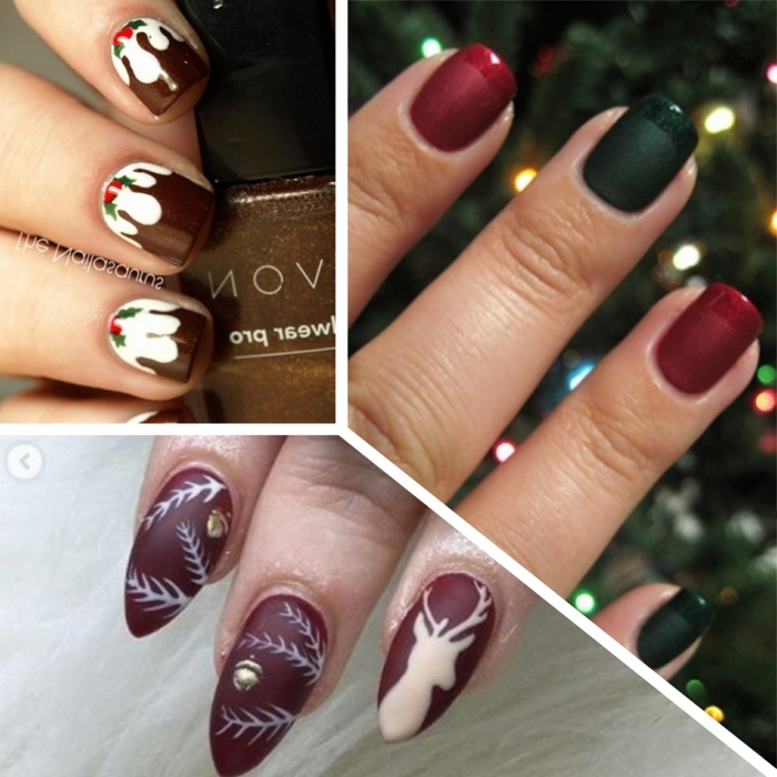 tres elegantes propuestas de uñas en gel decoradas en rojo, verde y marrón, uñas para Navidad