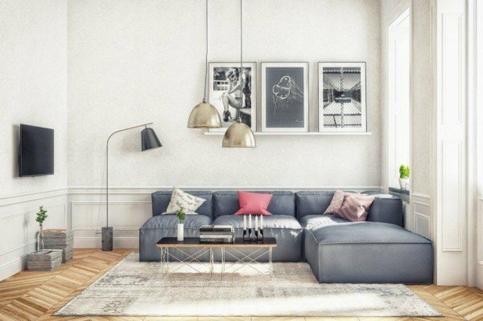 preciosas fotos de habitaciones pintadas en dos colores, sofá en color gris oscuro, paredes blancas 