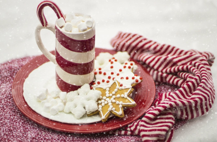 galletas navideñas de jengibre decoradas con glaseado real, chocolate caliente con malvaviscos, tarjetas de navidad originales 