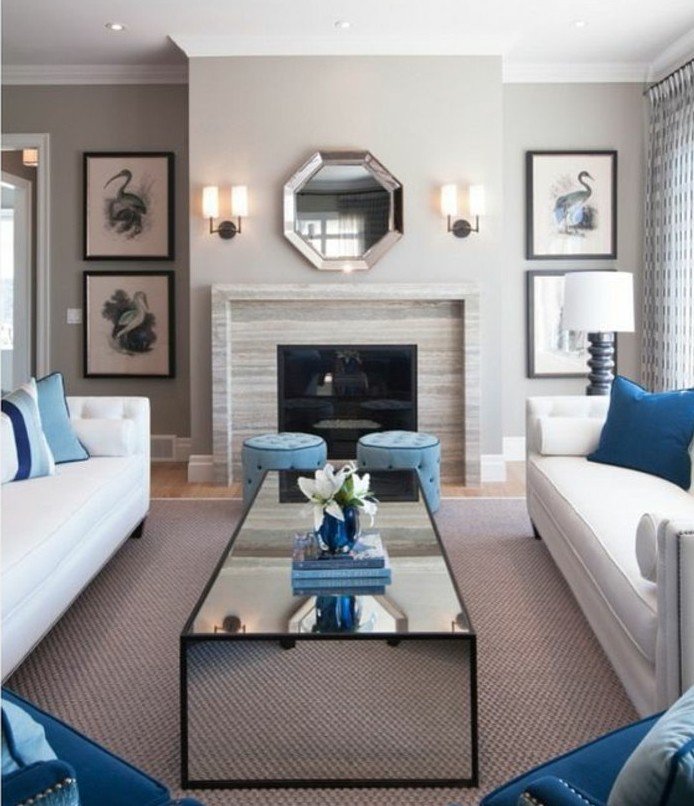 preciosas propuestas de colores que combinan con gris, salón decorado en blanco, gris y azul 