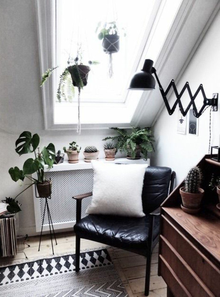 decoracion paredes salon en blanco y negro, pequeño rincón decorado en estilo vintage con plantas verdes 