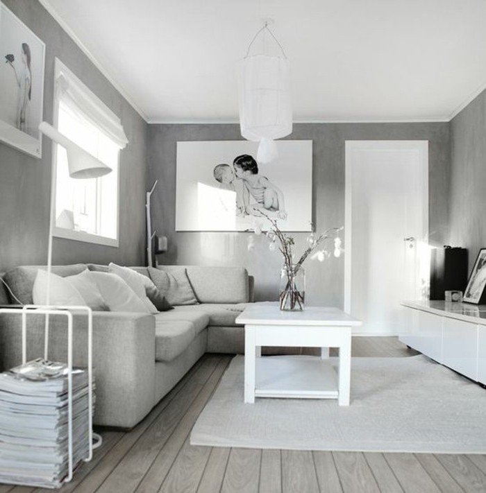 espacio decorado en estilo minimalista, decoración nórdica, habitacion gris y blanca 