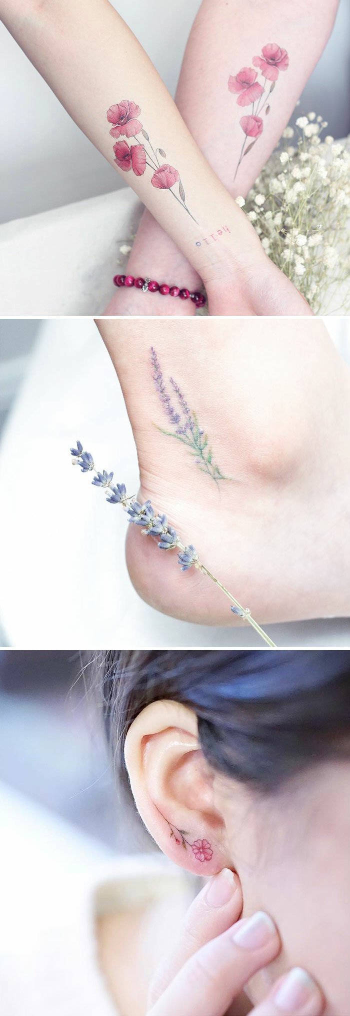preciosas propuestas de tattoos con flores delicadas en colores pastel, tattoos minimalistas 