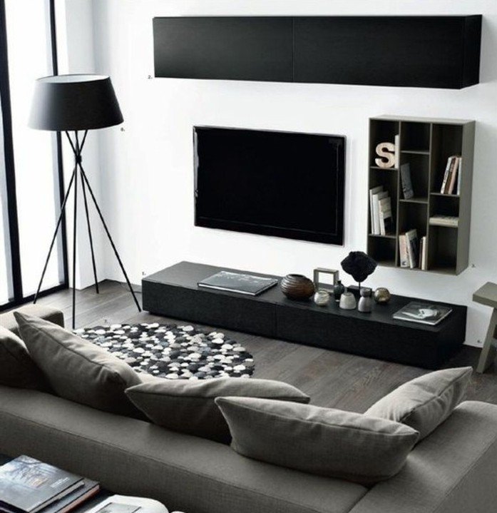 1001 + ideas de decoración de habitación gris y blanca - Un Salon En Noir Blanc Et Gris IDee Deco Salon Aux Lignes %C3%A9pur%C3%A9es Peinture Murale Blanche Canap%C3%A9 Gris Lampe Design Et Meuble Tv Noirs E1477051927635