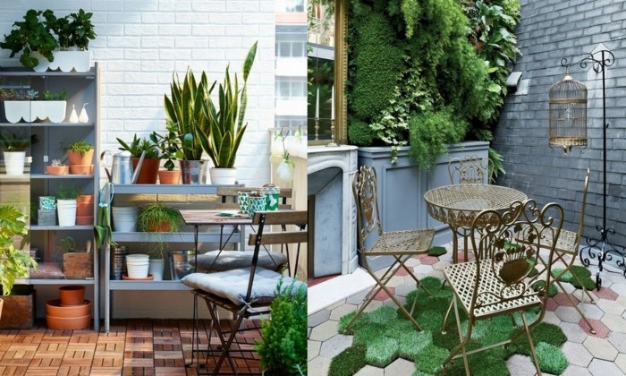 dos propuestas de decoracion terrazas pequeñas, suelos originales, paredes de ladrillo y muchas plantas verdes 