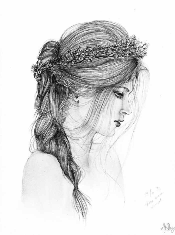 dibujos de niñas hechas en lapiz, mujer con pelo recogido en trenza y corona de flores