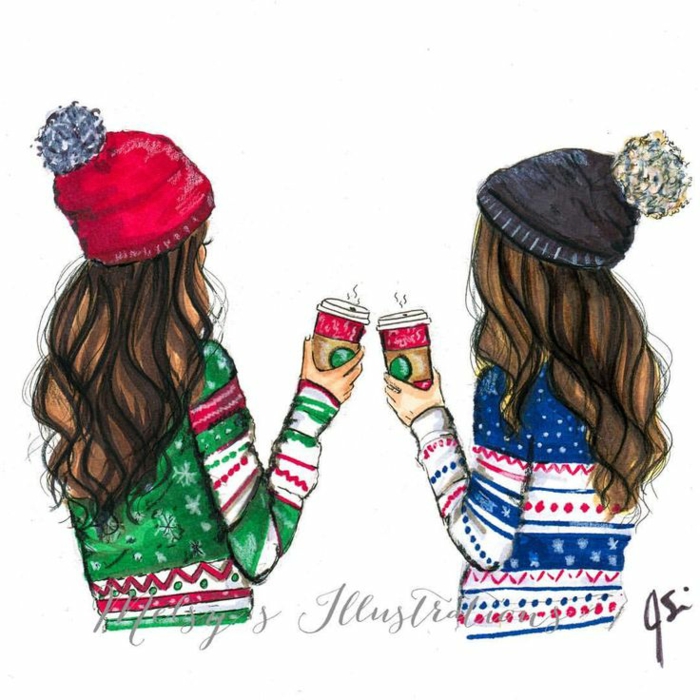 dos niñas con jerseys coloridos, dos amigas en invierno, niña dibujo adorables ideas en imagines 