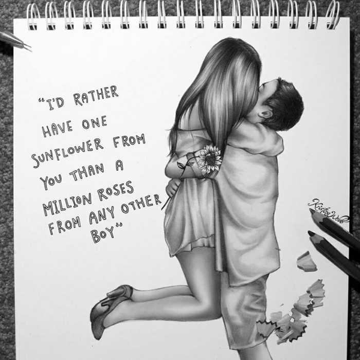 dibujos de parejas con frases románticas, dibujo de una niña, adorables imagines en blanco y negro 