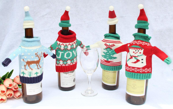 bolsas para botellas de vino y abrigos divertidos, abrigos de lana para decorar botellas de vino tinto y blanco 