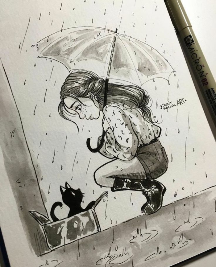 dibujo de una niña en la lluvia, gato negro, niña bonita con pelo recogido en coleta, imagines inspiradoras 