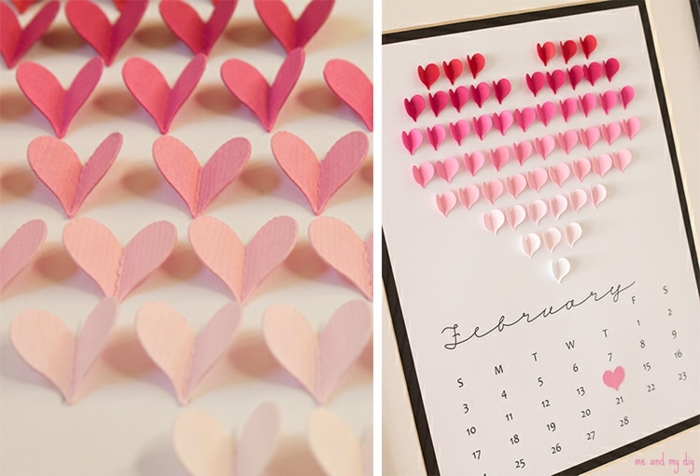 calendario DIY super original con pequeños corazones de cartulina, manualidades para san valentín originales 