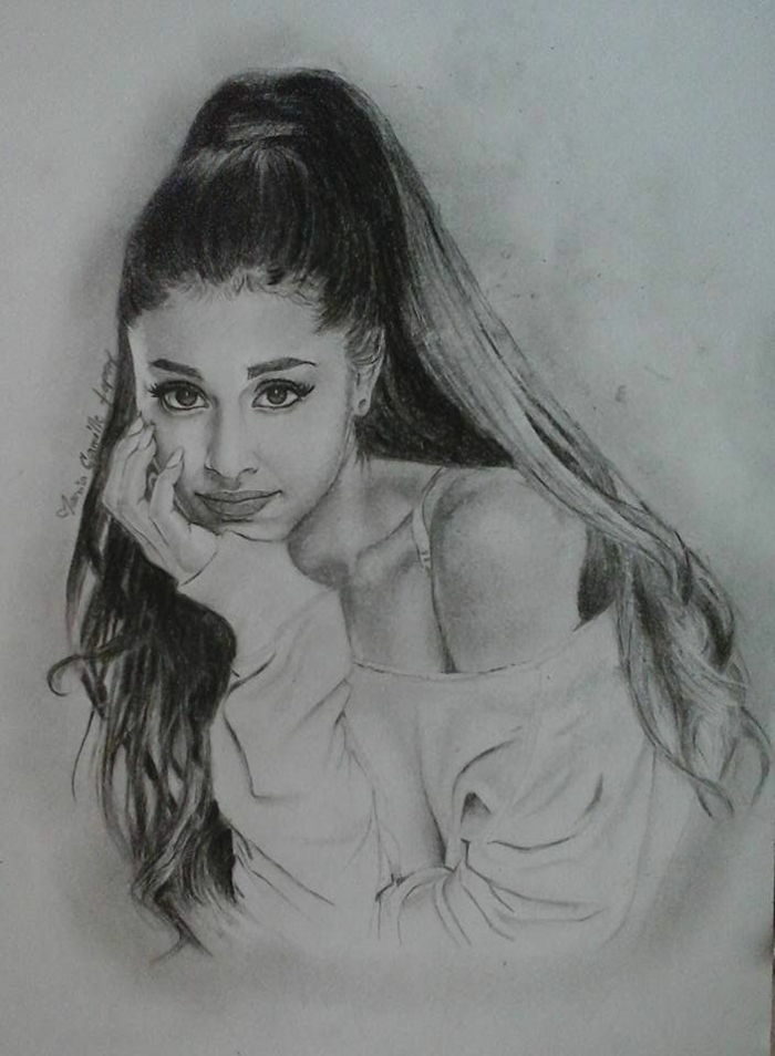 retrato a lápiz negro de Ariana Grande, ideas de retratos de celebridades en estilo realista 
