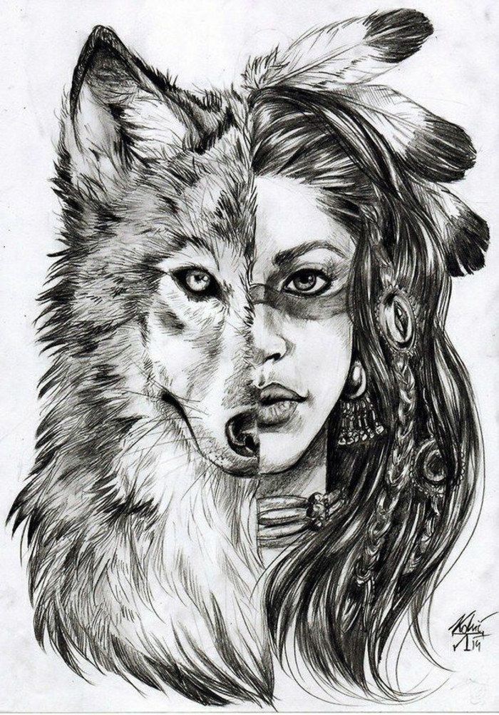 dibujos con fuerte significado, como dibujar una persona facil, niña indígena cara de lobo 