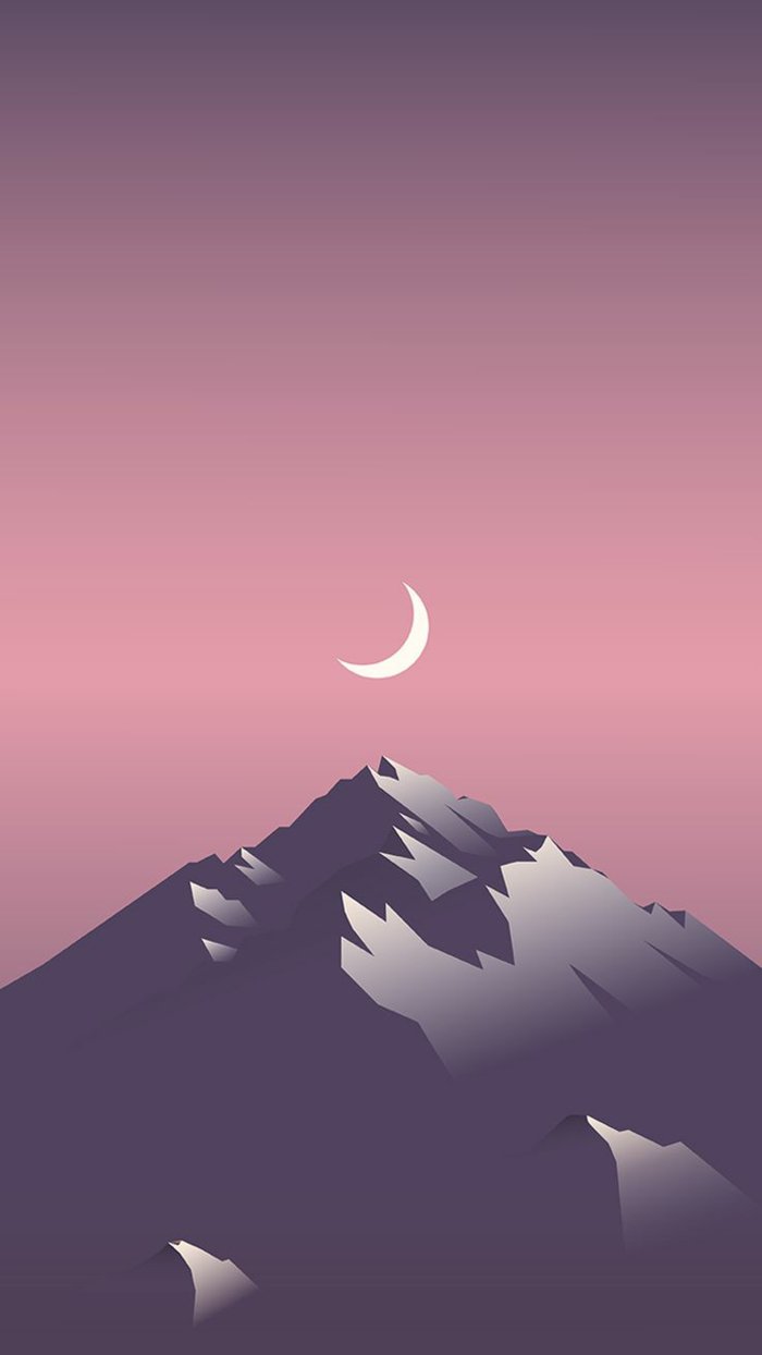 dibujos de paisajes bonitos, montaña rocosa, cielo en color rosado y luna, fondos apple bonitos 