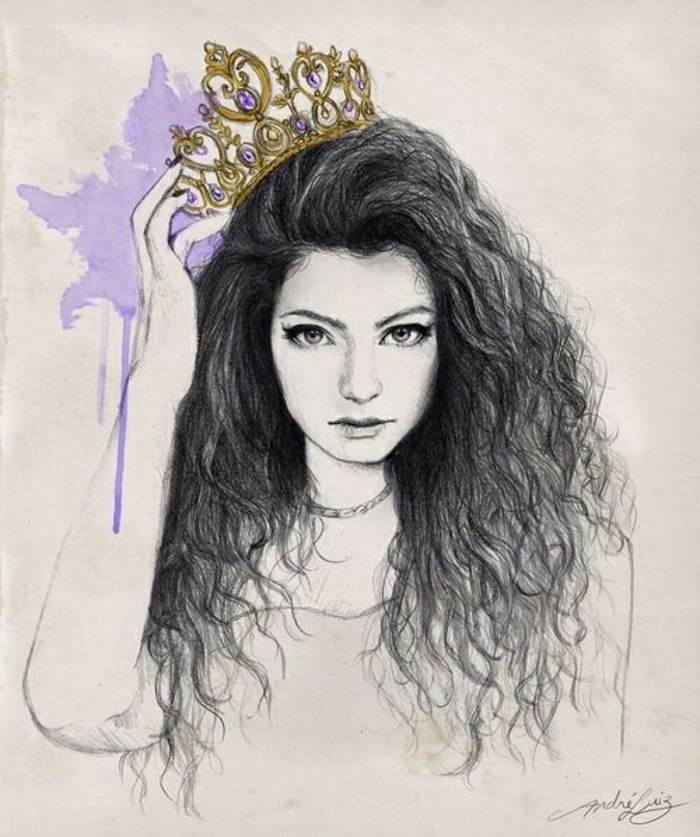 dibujos en blanco y negro que enamoran, mujer cabello largo rizado negro con corona dorada 