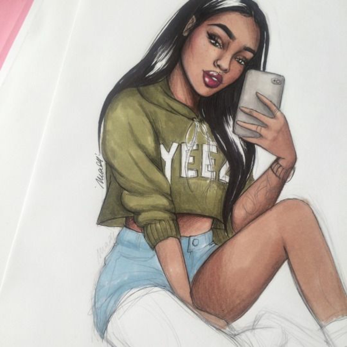 dibujos de niñas inspirados en Instagram y Pinterest, niña pelo largo haciéndose un selfi