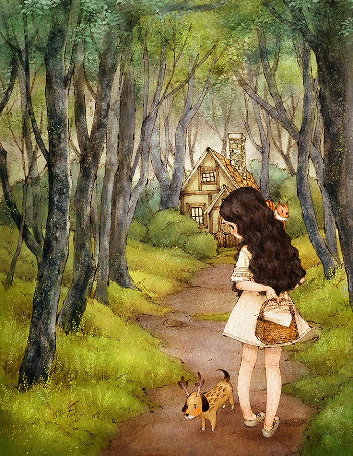 adorable dibujo con una pequeña niña en el bosque, imagines de mujeres que inspiran 