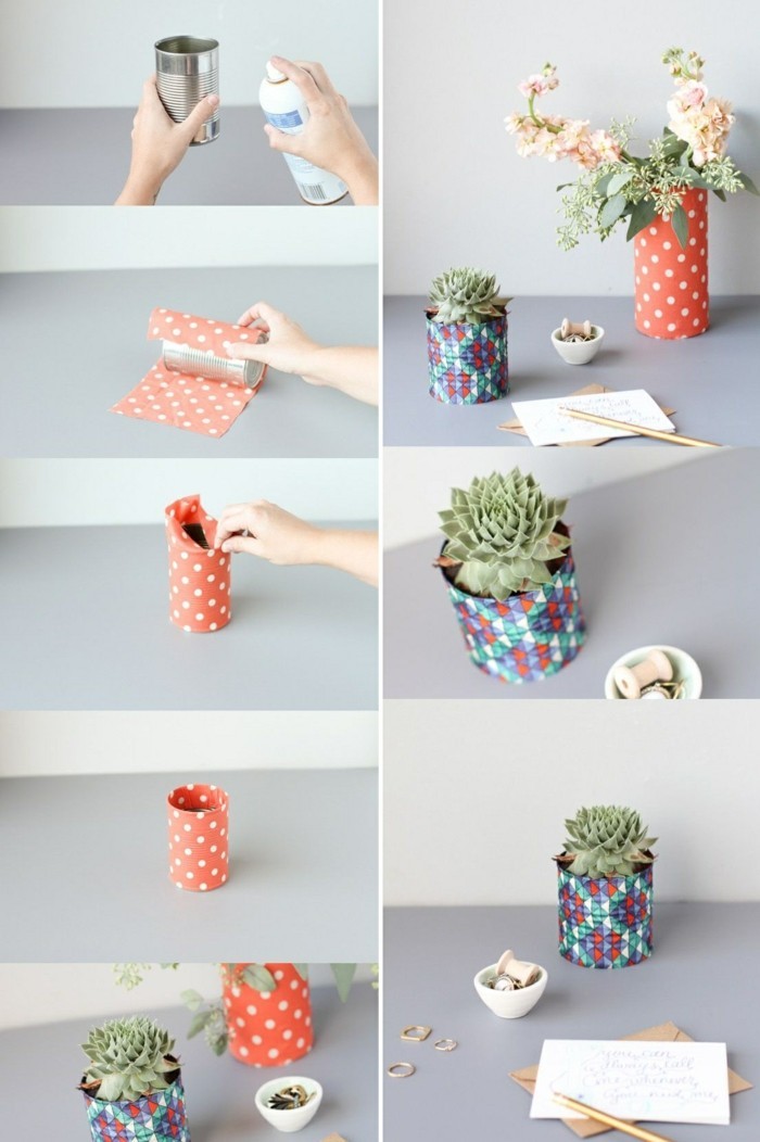 manualidades con latas creativas para decorar el hogar, pequeñas latas decoradas con tela estampada 