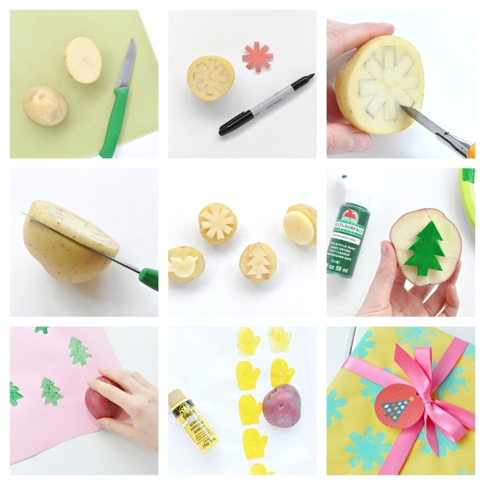 como hacer un sello de una patata, envolver regalos y decorar papel regalo en tutoriales 