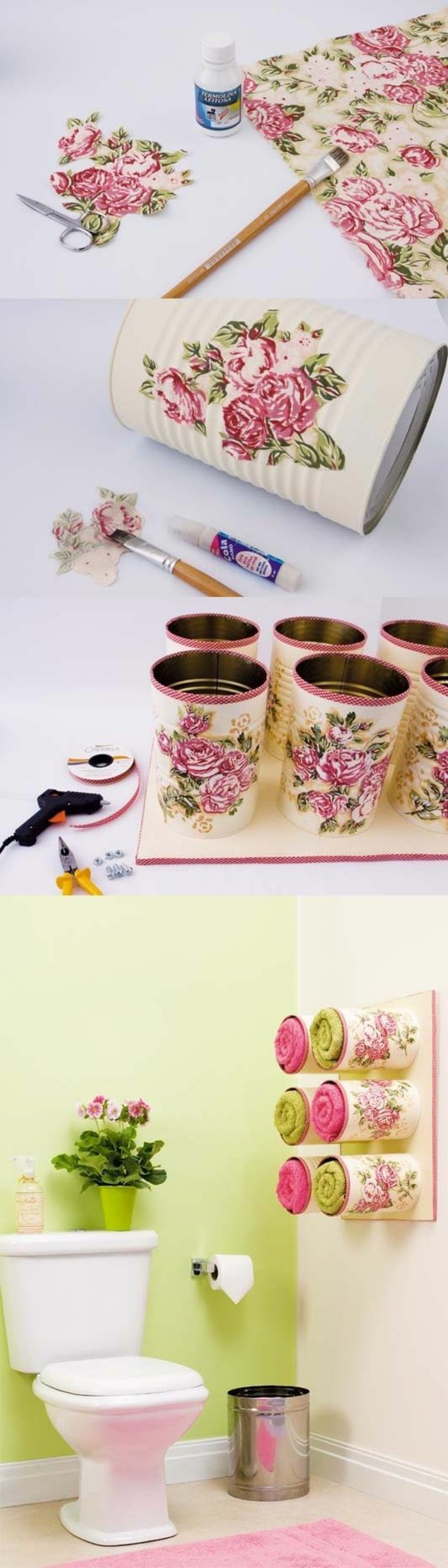 adorable decoración con decoupage para tu baño, latas decoradas con motivos florales paso a paso 
