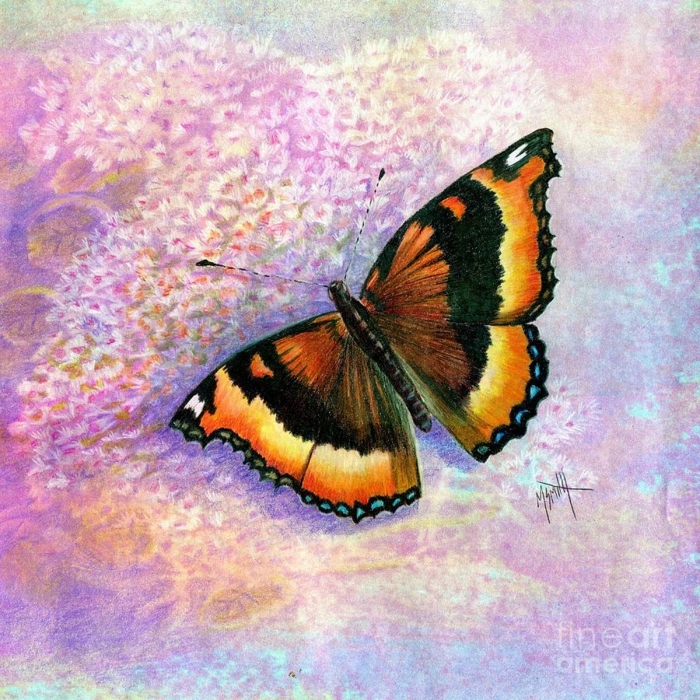 ideas de dibujos de mariposas originales y bonitos, mariposa colorida en fondo rosado