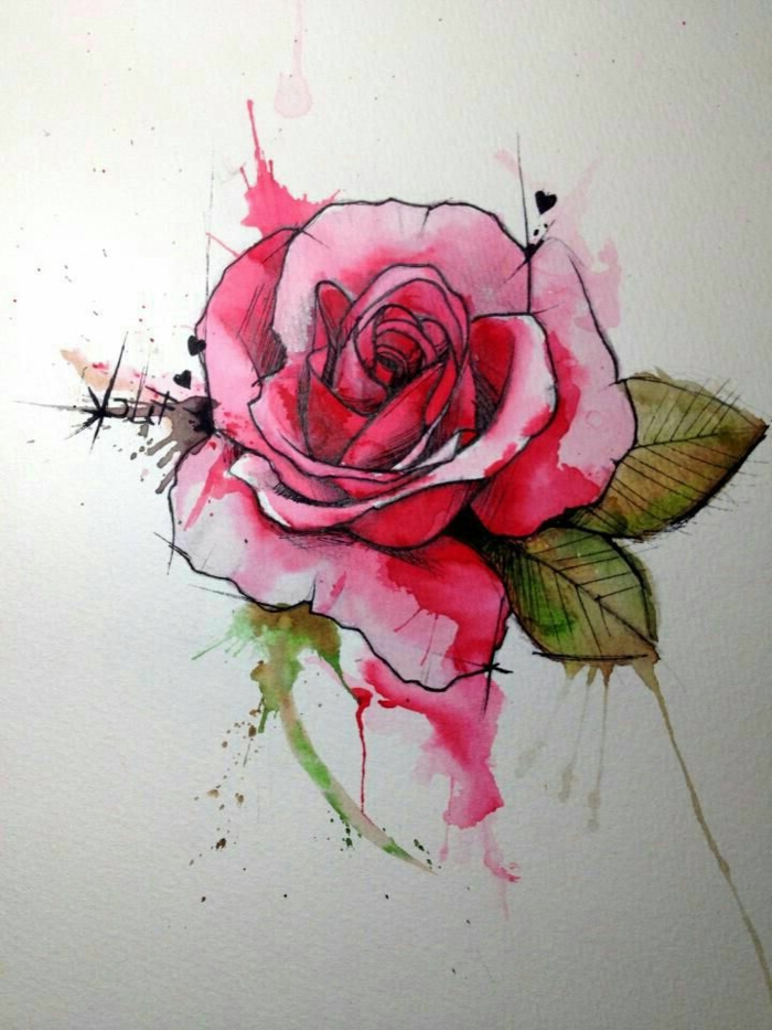 dibujos de rosas super bonitos, preciosa rosa en color rosado, ideas para tatuajes con acuarelas 