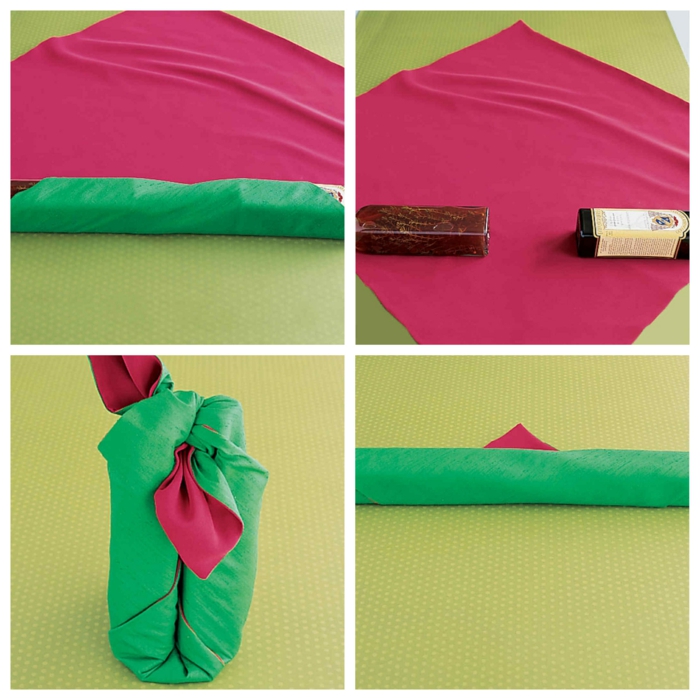 ideas sobre como envolver botellas para regalar, embalaje DIY con tela color verde y rojo 