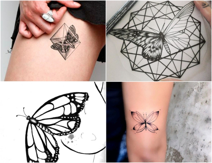 cuatro propuestas de mariposa tattoo color negro, tatuajes con elementos geométricos super modernos 