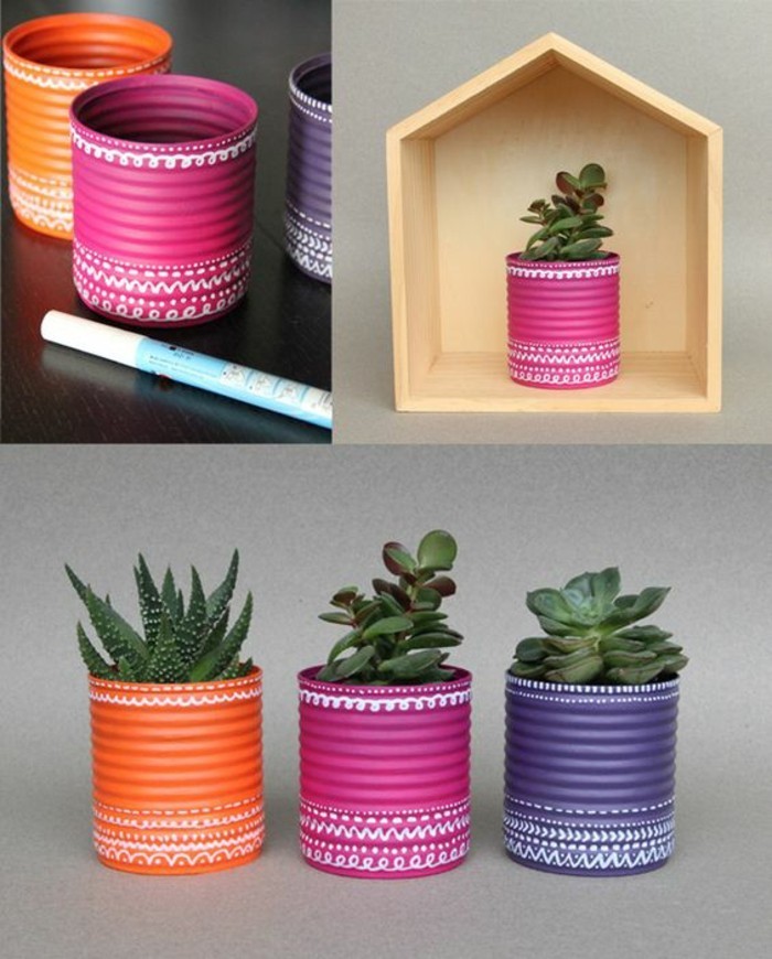 ideas sobre cómo reciclar latas de conserva, latas pintadas en colores para decorar la casa, macetas hechas a mano 