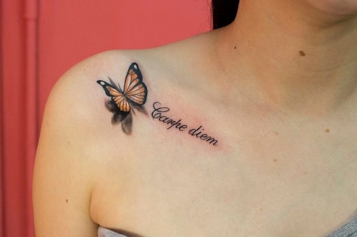 diseños de mariposa tattoo originales y bonitos, tattoo con mariposa y letras, mariposa color amarillo 