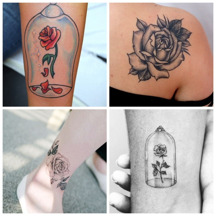 cuatro propuestas de tatuajes con rosa old school, tatuajes con rosa con fuerte significado en fotos 