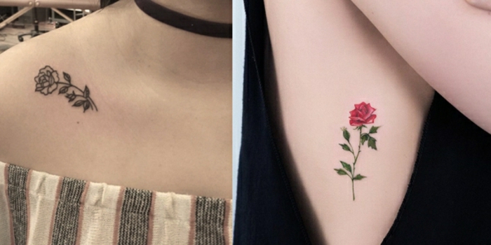 diseños de tattoos con rosas en estilo minimalista, dos pequeñas rosas tatuadas en el hombro y en las costillas 