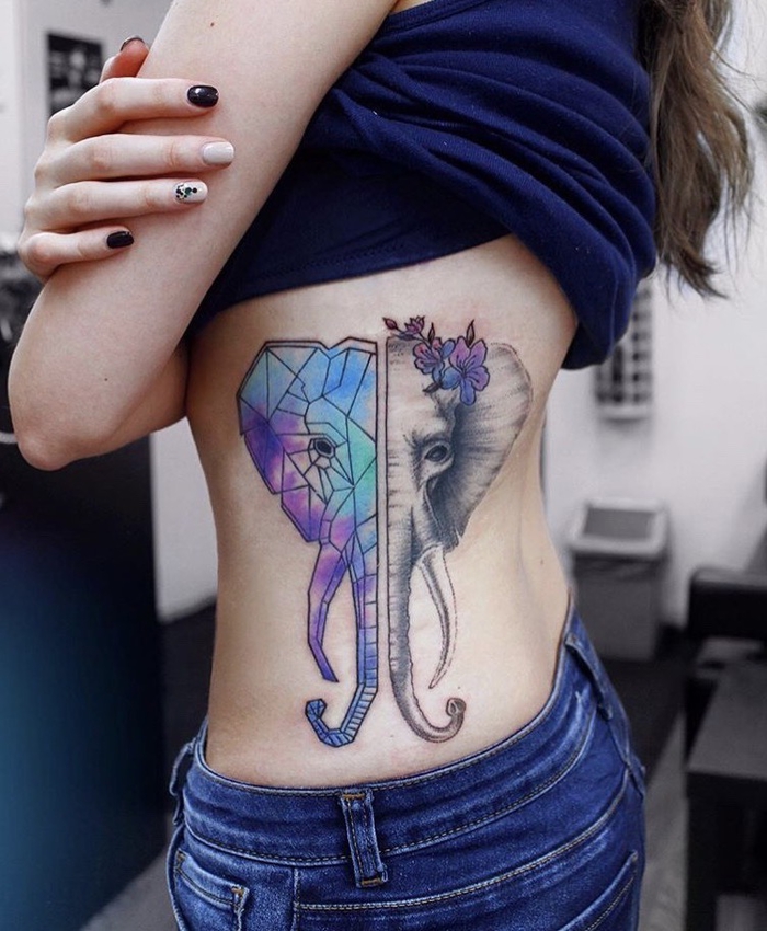 maravillosos diseños de tatuajes, tattoo lineal elefante con dos caras, ideas de tatuajes en colores 