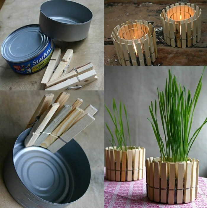 latas de conserva decoradas con pinzas de madera, latas de atún para hacer bonitos candelabros DIY 