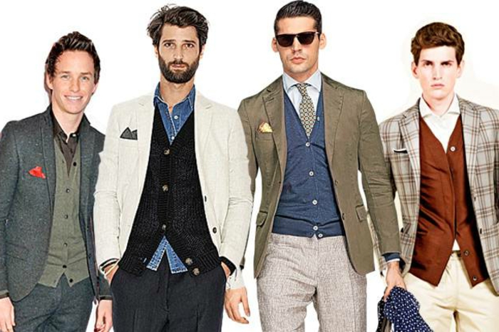 cuatro propuestas sobre como vestir casual hombre, outfits elegantes con chaquetas casuales y camisas 