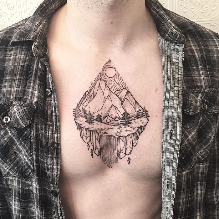 adorable diseño tatuado en el pecho, originales propuestas de tatuajes geométricos hombre 