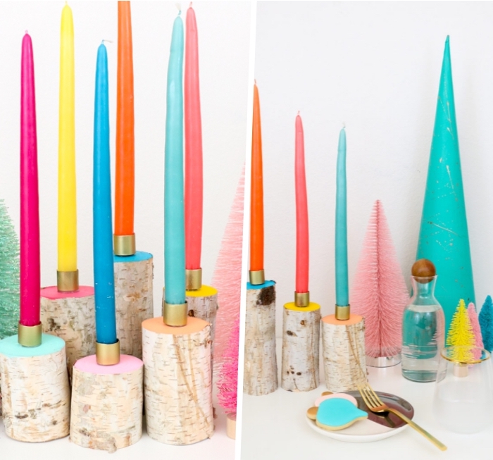 centro de mesa con tapas de corcho, candelabros DIY en colores hechos de materiales reciclados 